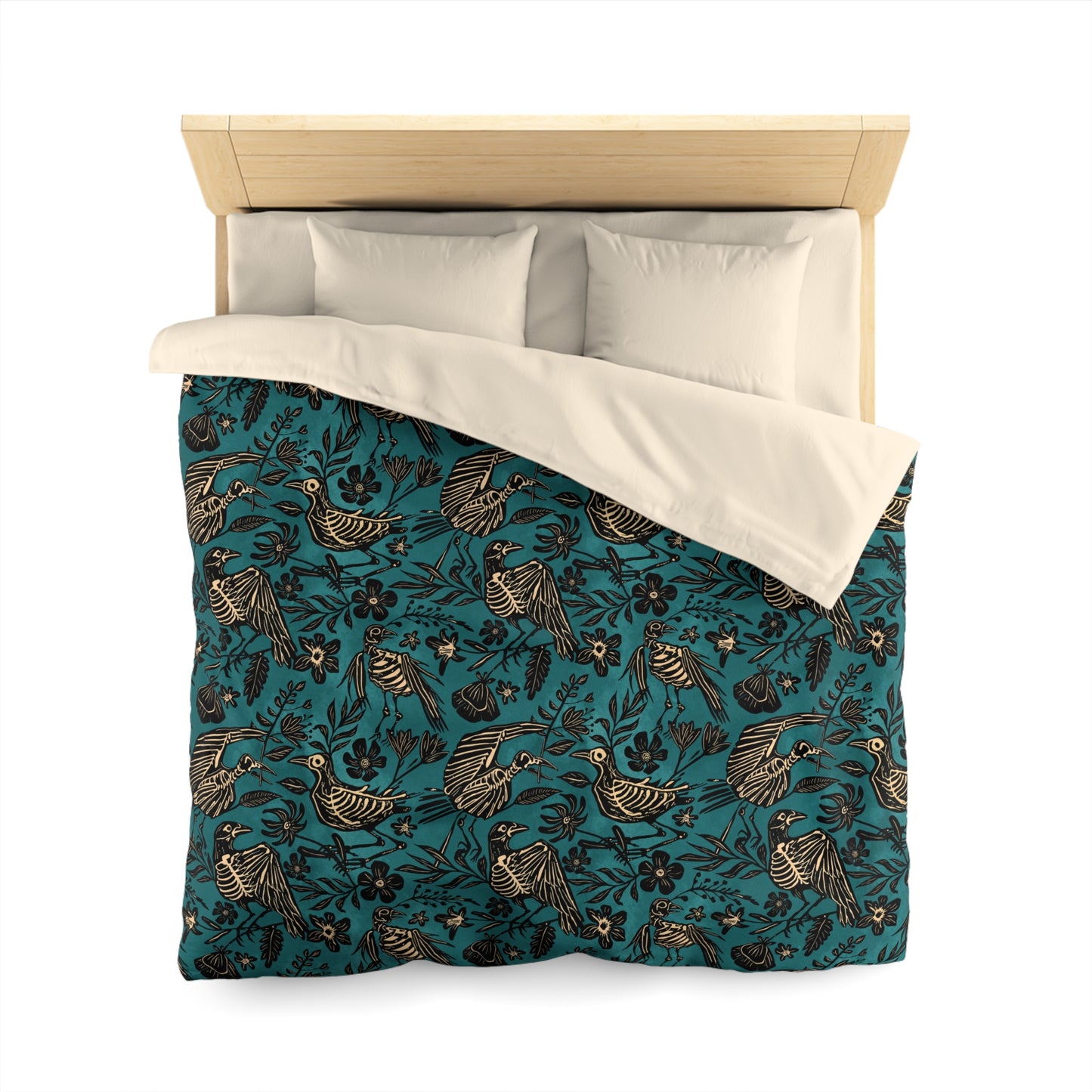 Spooky Folk Art Bird Skeleton Duvet Cover - Teal - Red Finch Creations