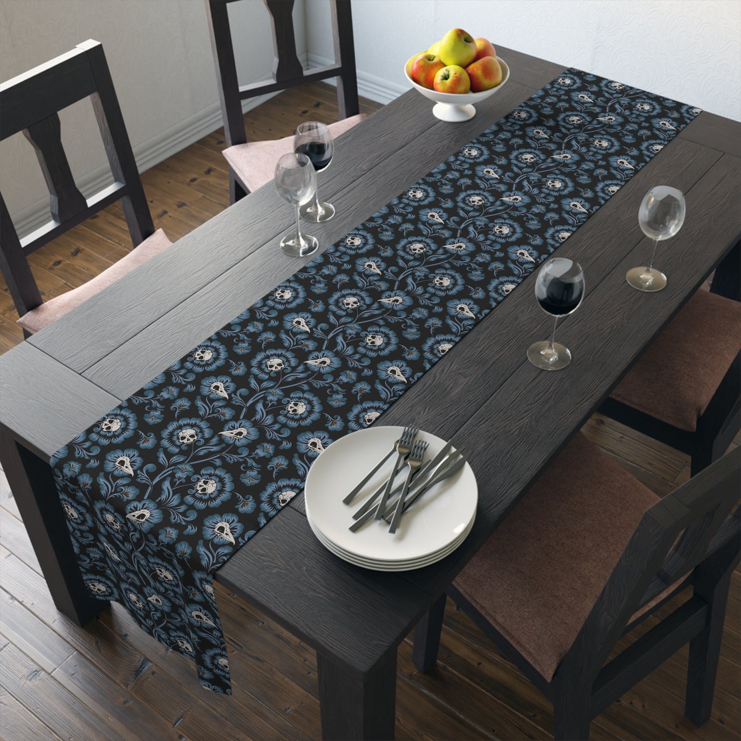 Victorian Skull Flower Table Runner - Blue - Red Finch Creations
