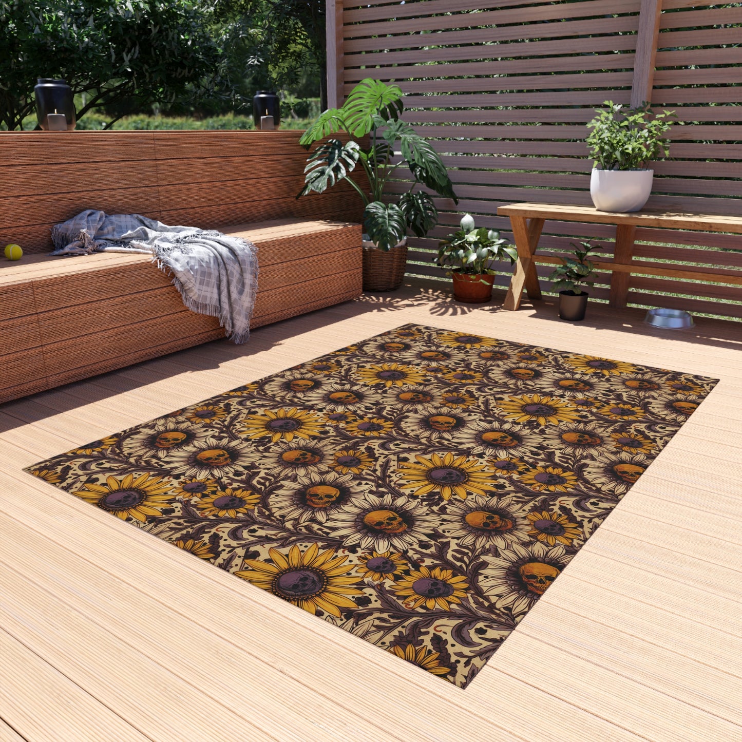 Sunflower Skull Indoor/Outdoor Area Rug - Purple + Gold - Red Finch Creations
