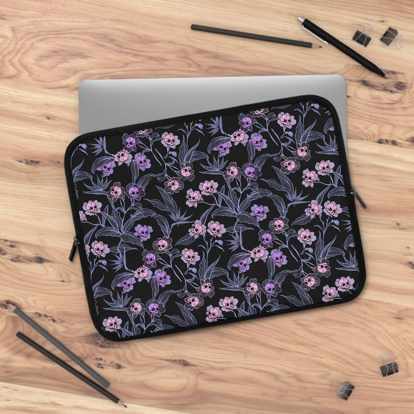 Pastel Goth Floral Neoprene Laptop Sleeve - Pink + Black - Red Finch Creations