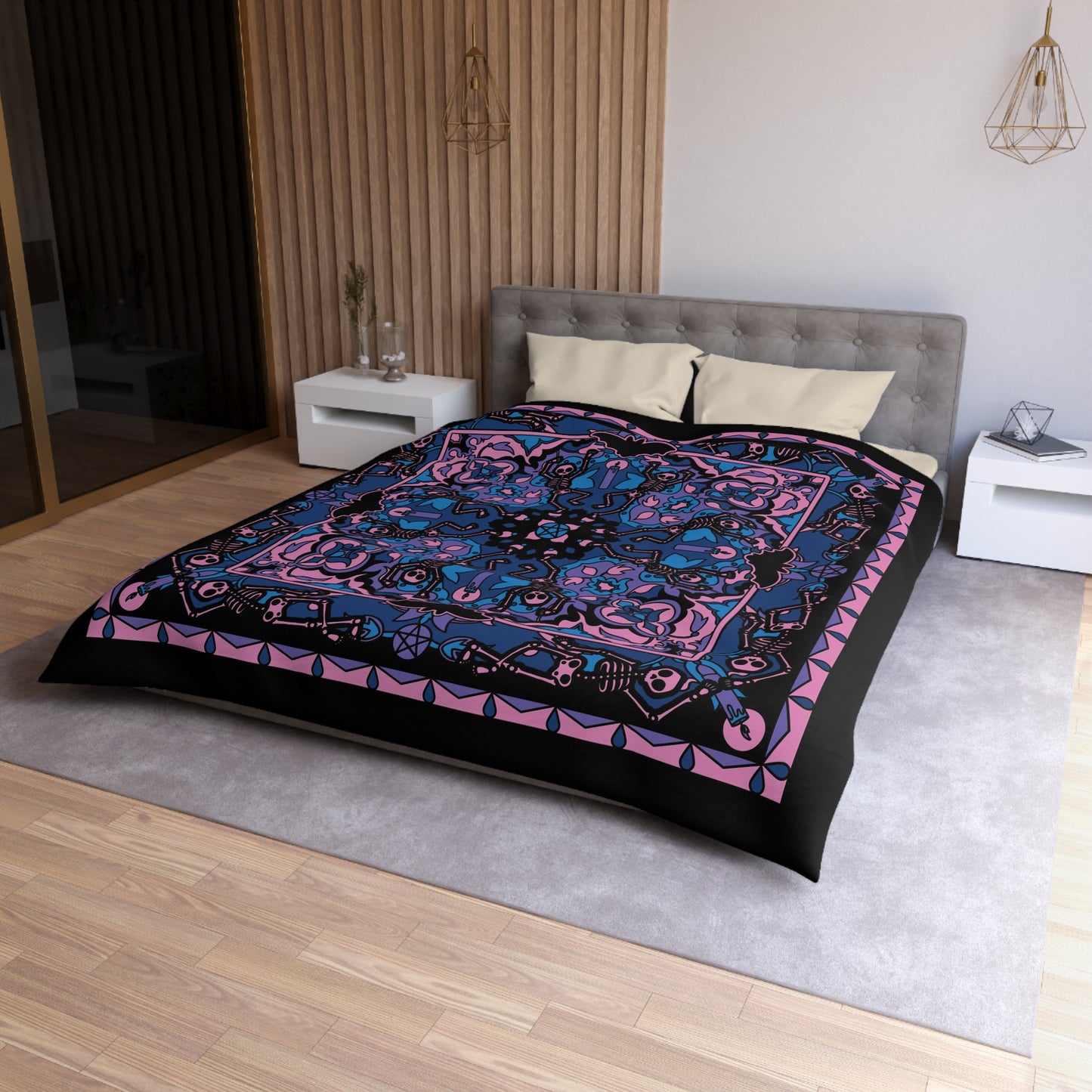 Dancing Skeleton Duvet Cover - Pink & Black - Red Finch Creations