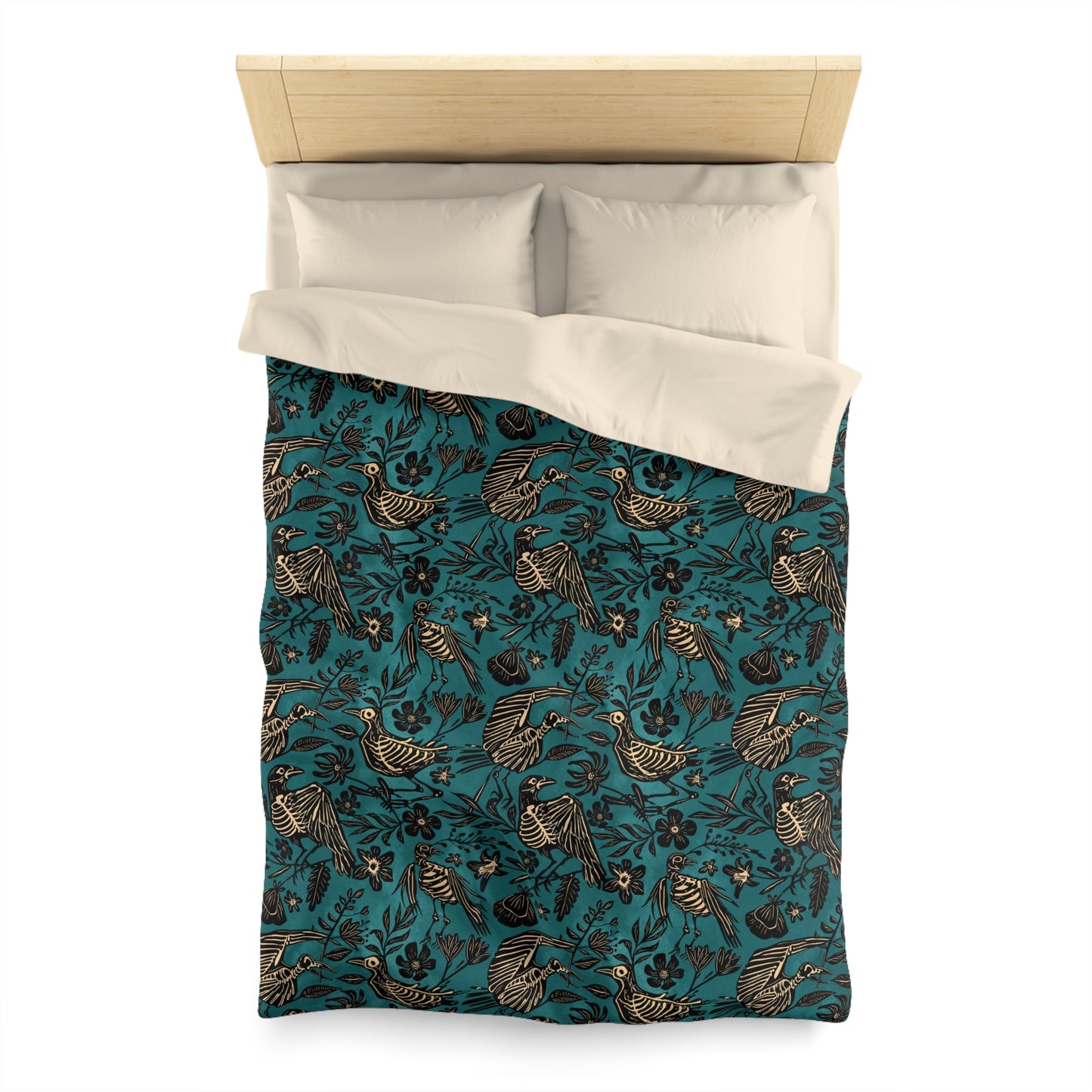 Spooky Folk Art Bird Skeleton Duvet Cover - Teal - Red Finch Creations