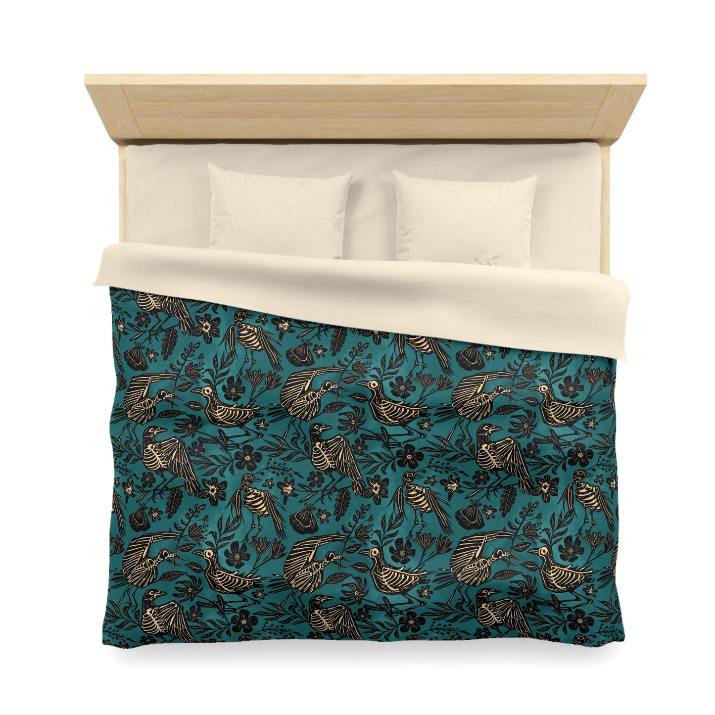 Spooky Folk Art Bird Skeleton Duvet Cover - Teal - Red Finch Creations