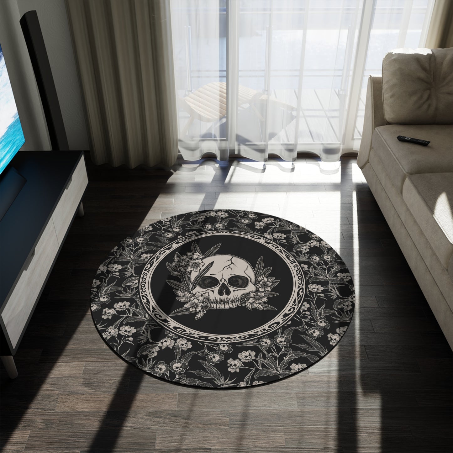 Gothic Floral Skull Flower Round Rug - Red Finch Creations