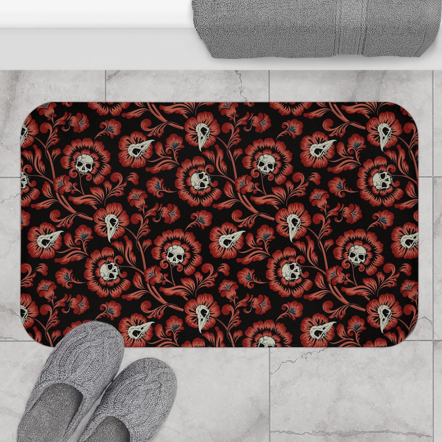 Victorian Floral Skull Bath Mat - Red - Red Finch Creations