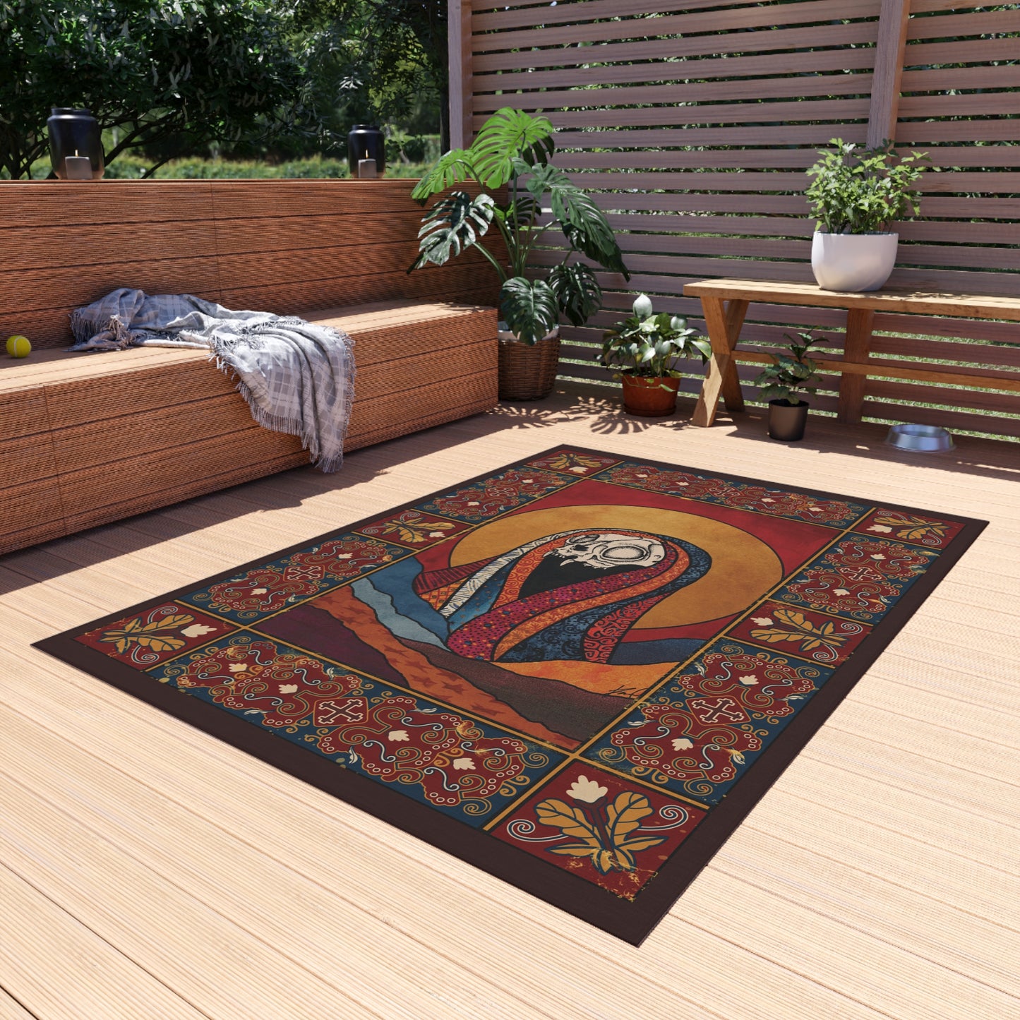 Red and Gold Baroque Cat Skull Area Rug