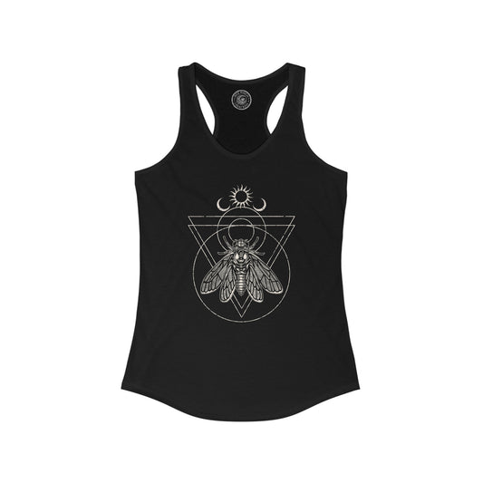 A black racerback tank top with an occult cicada design with a sun and two moons  with witchy vibes by red finch creations