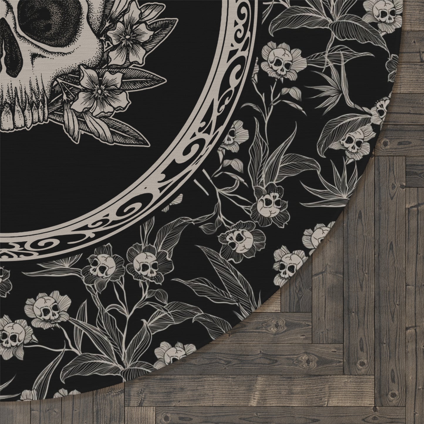 Gothic Floral Skull Flower Round Rug - Red Finch Creations