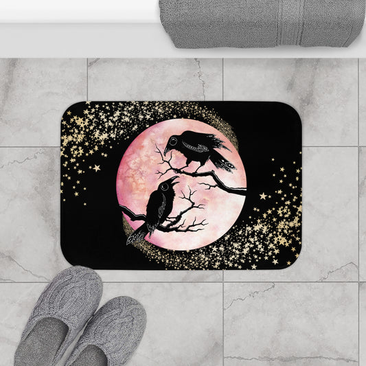 Folk Art Raven Moon Bath Mat - Pink