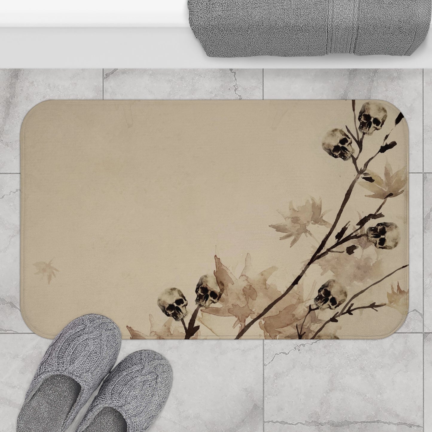 Minimalist Fall Watercolor Skull Bath Mat - Red Finch Creations