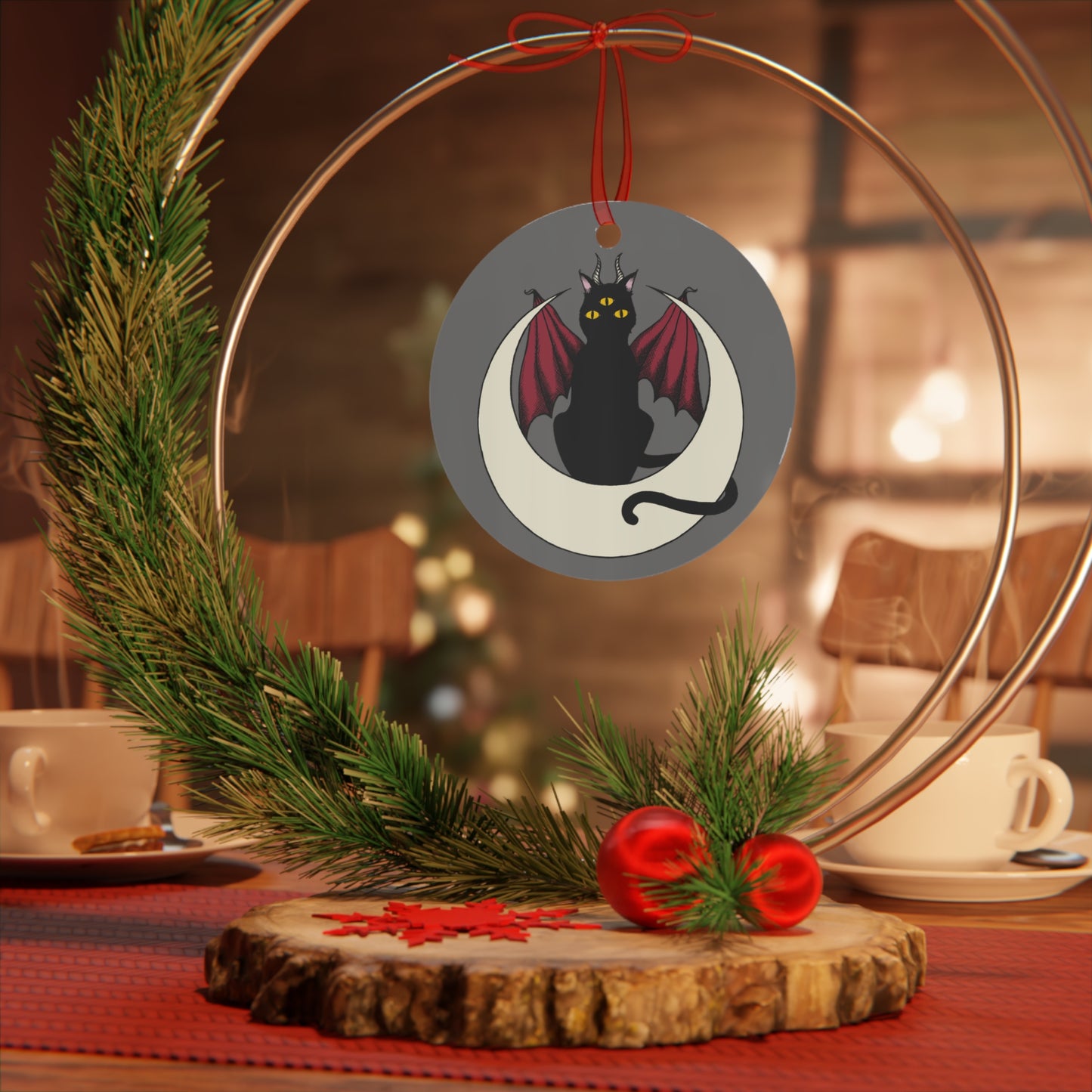 Demon Cat Aluminum Ornament in a witchy yule setting