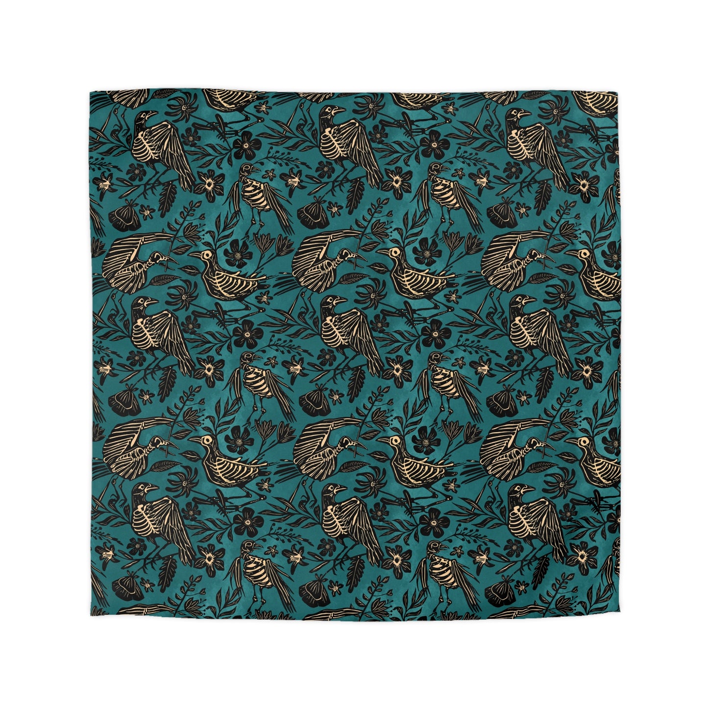 Spooky Folk Art Bird Skeleton Duvet Cover - Teal - Red Finch Creations