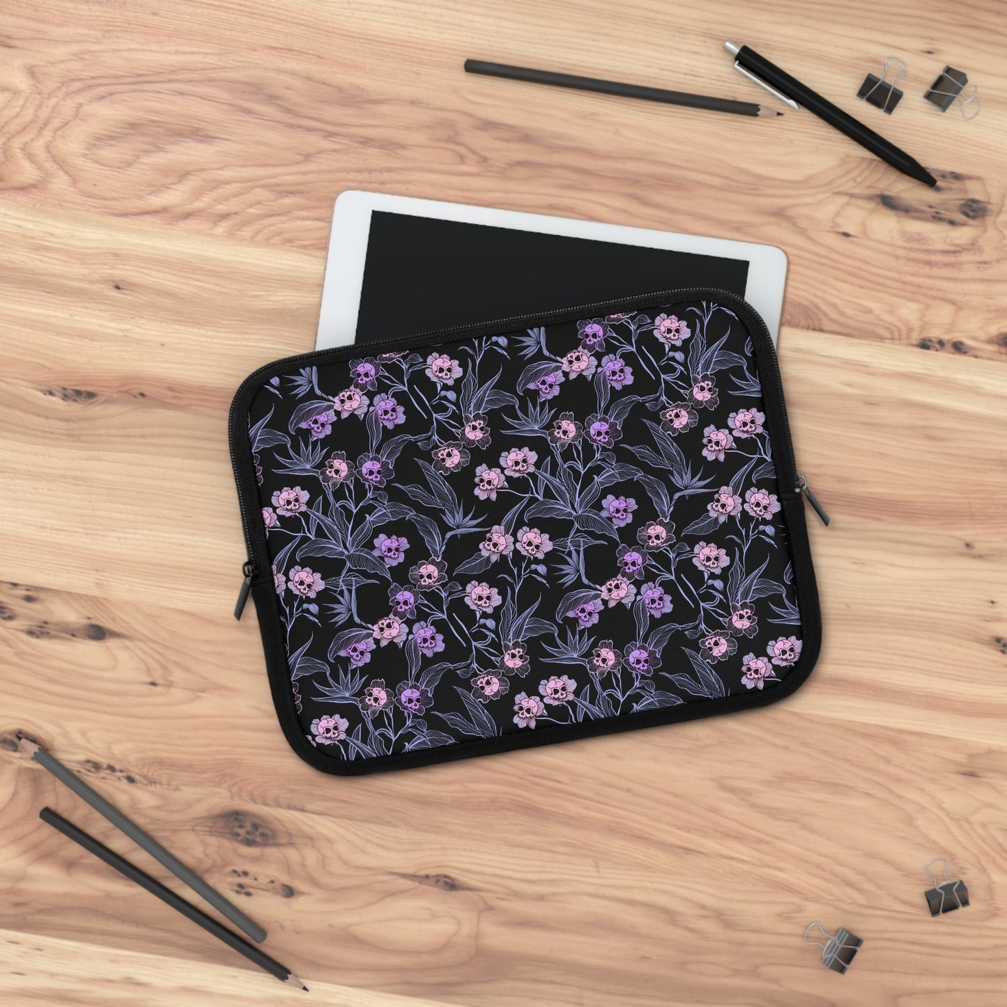 Pastel Goth Floral Neoprene Laptop Sleeve - Pink + Black - Red Finch Creations