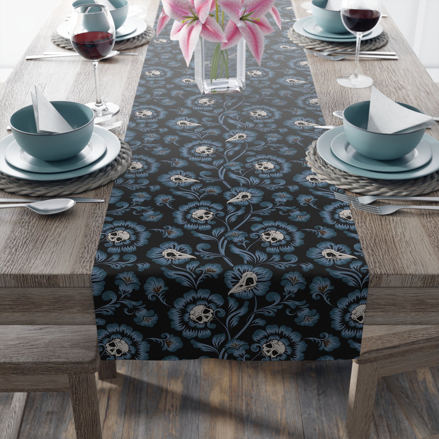 Victorian Skull Flower Table Runner - Blue - Red Finch Creations