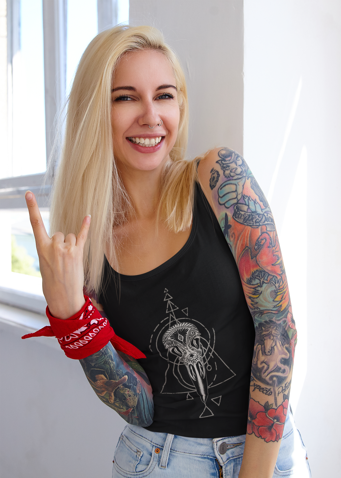 Carved Raven Skull Racerback Tank Top - Black