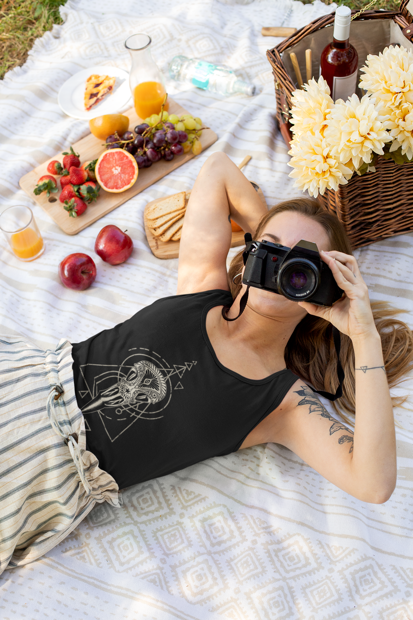 Carved Raven Skull Racerback Tank Top - Black