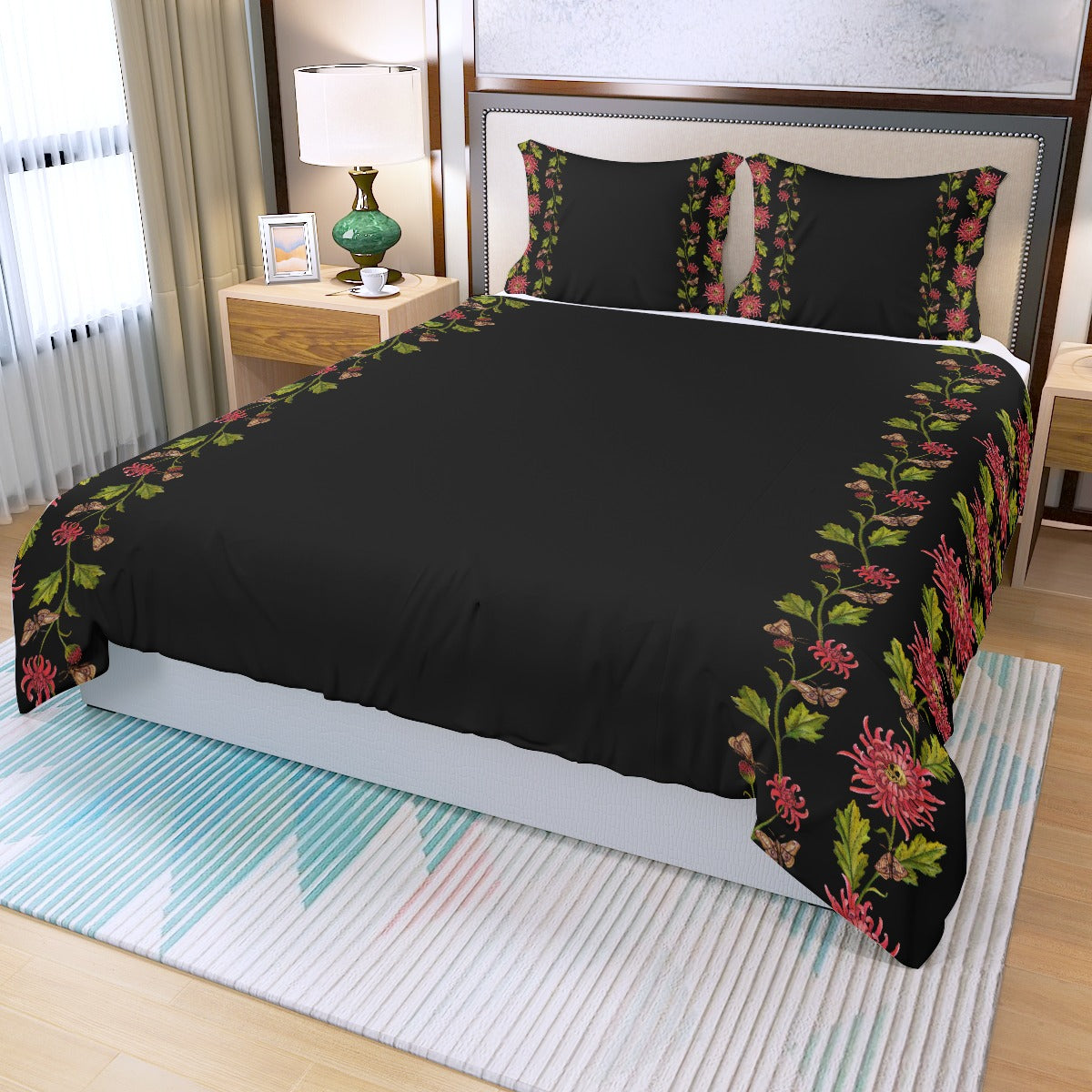 Chrysanthemum Moth Three Piece Duvet Bedding Set