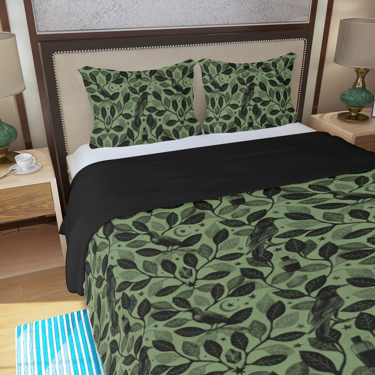 Witchy Watercolor Raven 3-Piece Bedding Set - Green