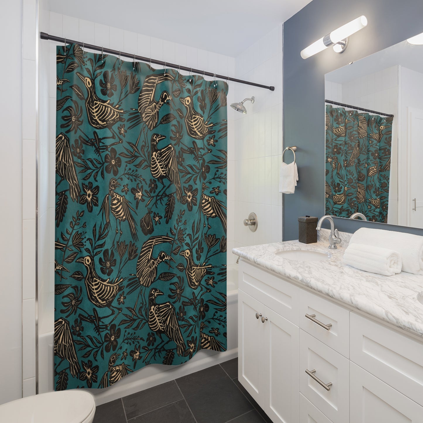 Teal Floral Bird Skeleton Shower Curtain - Red Finch Creations