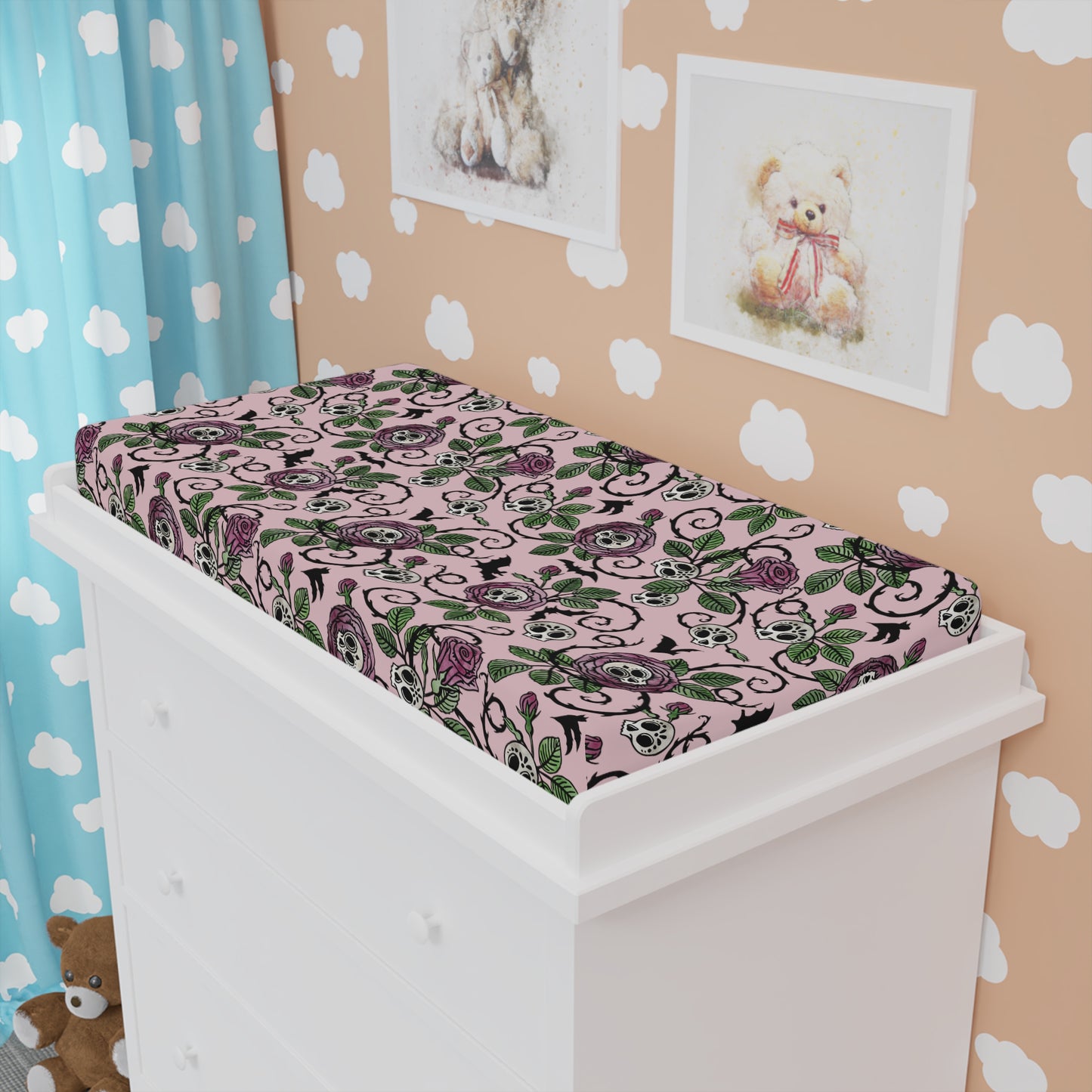 Skulls & Roses Baby Changing Pad Cover - Pink - Red Finch Creations