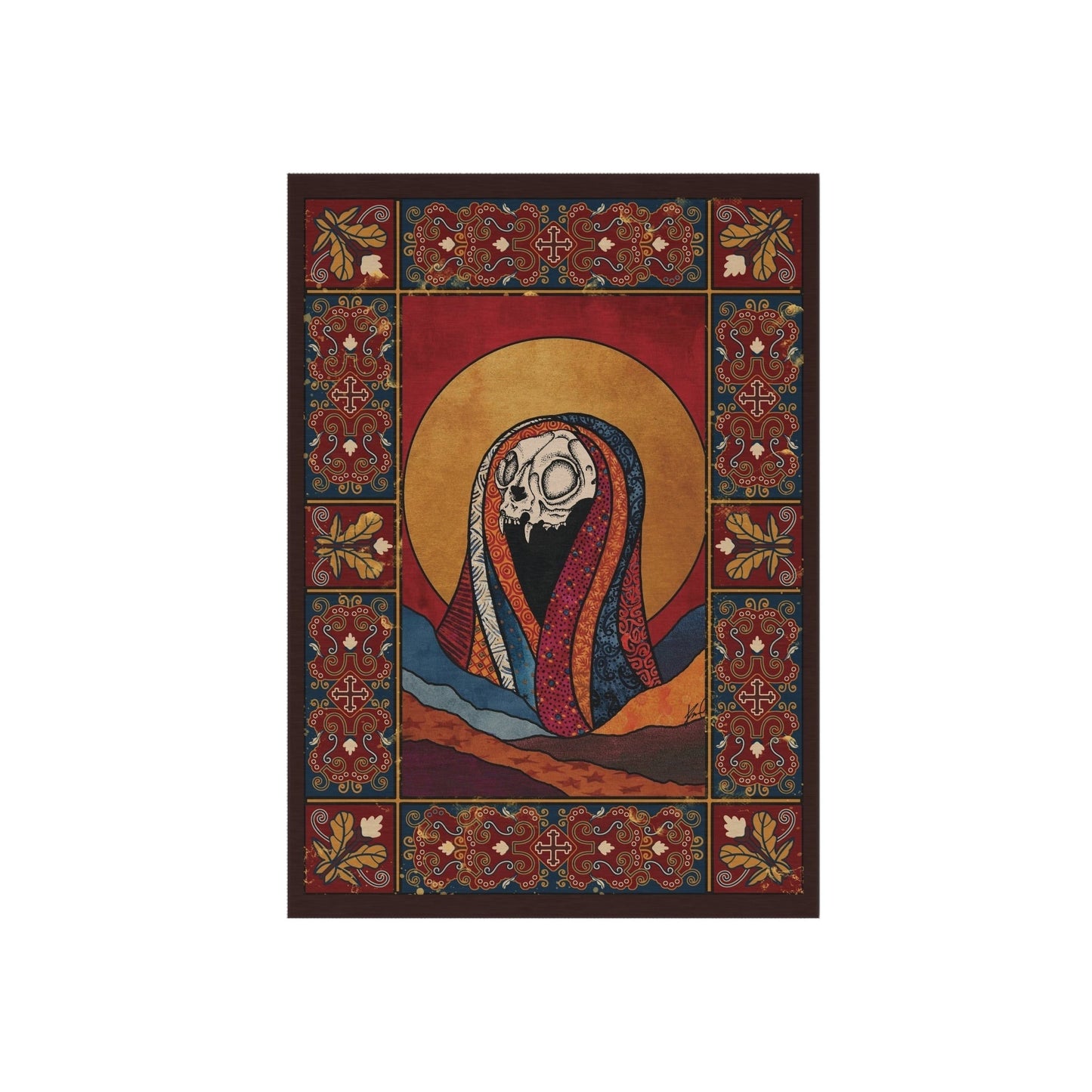 Red and Gold Baroque Cat Skull Area Rug