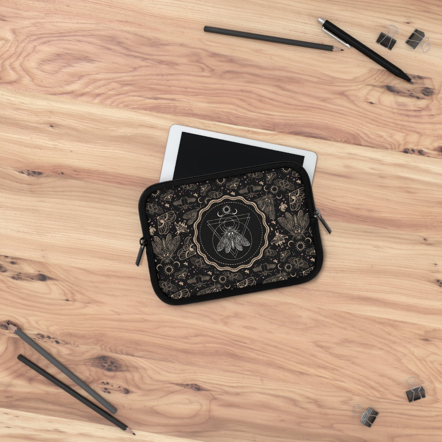 Witchy Occult Cicada Laptop Sleeve - Black + Gold - Red Finch Creations