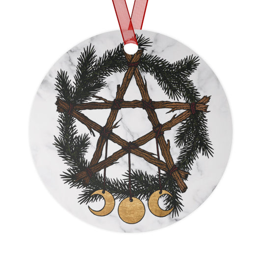 A round, white aluminum Yule Wreath Christmas ornament with a glossy finish, featuring a pentagram and pine needles design