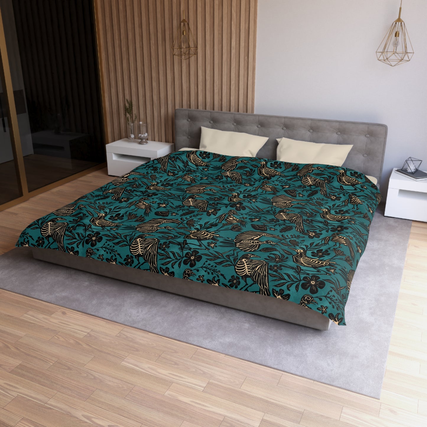 Spooky Folk Art Bird Skeleton Duvet Cover - Teal - Red Finch Creations