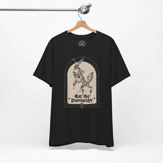 "Eat the patriarchy!" and fight for the rights of those with a uterus to control what happens to their bodies with this witchy ghost mantis tarot card illustrated tee. An inclusive feminist shirt that makes a statement while staying within the gothic red finch aesthetic. Printed on a casual goth lightweight 100% cotton t-shirt with a long silhouette