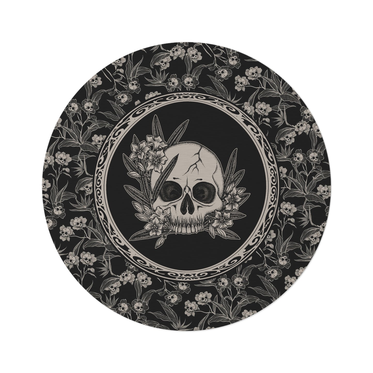 Gothic Floral Skull Flower Round Rug - Red Finch Creations