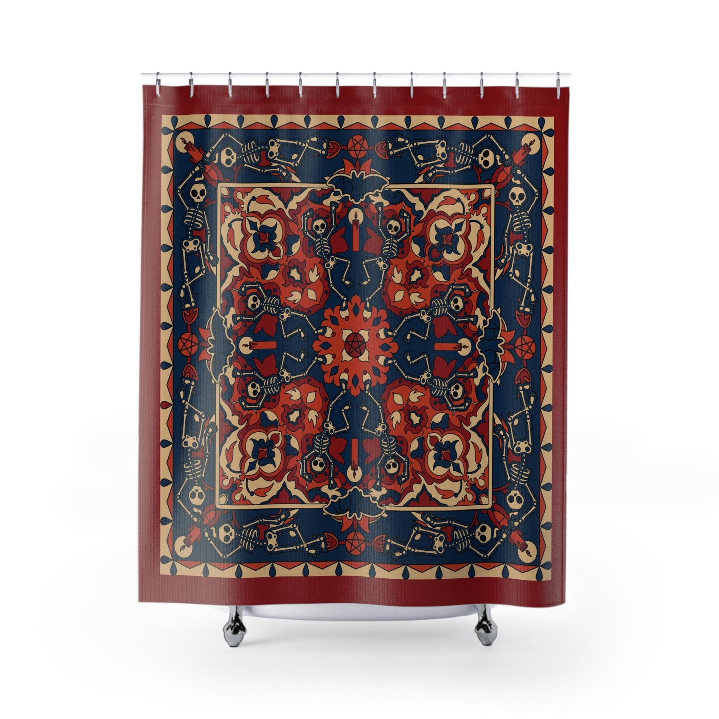Dancing Skeleton Shower Curtain - Rust Red & Midnight Blue - Red Finch Creations