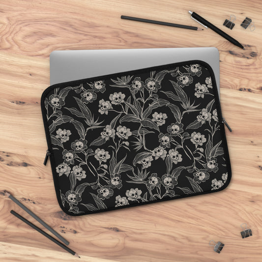 Gothic Floral Skull Flower Laptop Sleeve - Black + Cream