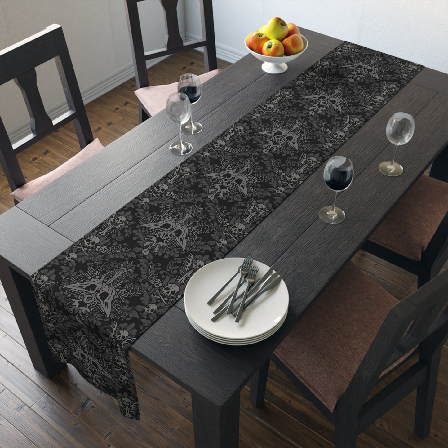 Macabre Damask Bones Table Runner - Black - Red Finch Creations