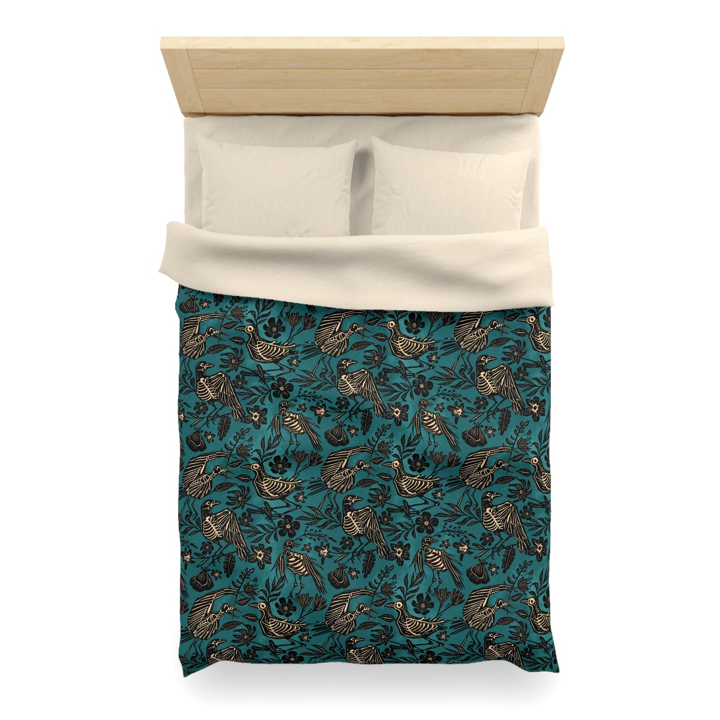 Spooky Folk Art Bird Skeleton Duvet Cover - Teal - Red Finch Creations