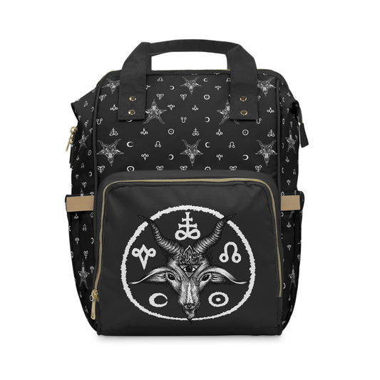 Satanic Diaper Bag, Nappy Backpack w/ occult Baphomet alchemy symbols pattern. A spooky gift for a goth metalhead mama's baby shower