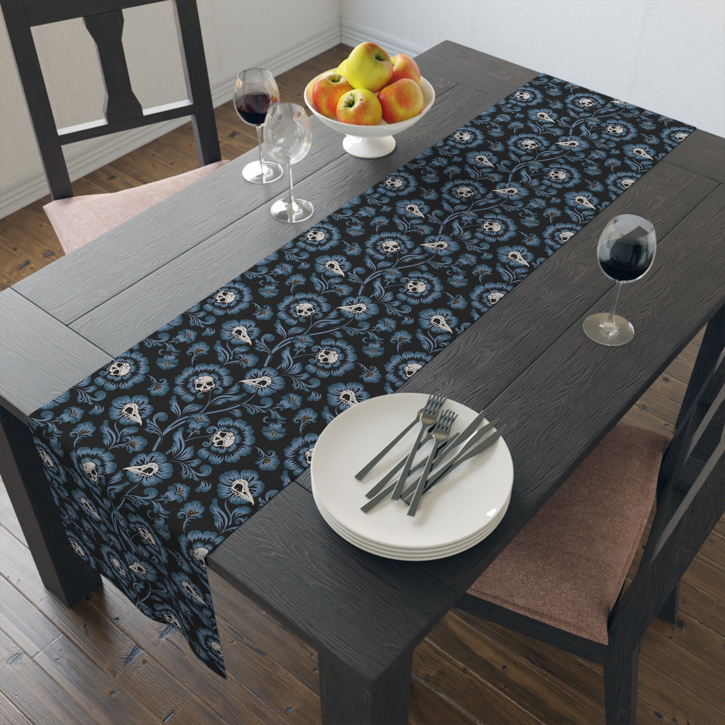 Victorian Skull Flower Table Runner - Blue - Red Finch Creations