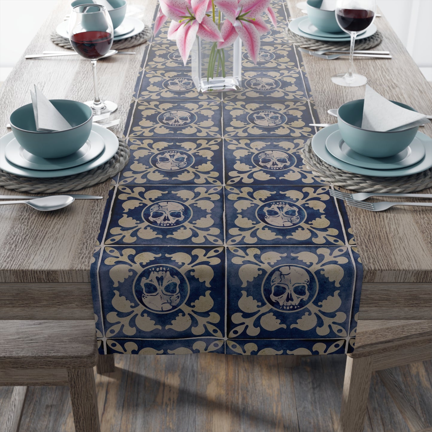 Spooky Moorish Tile Table Runner - Blue & Beige - Red Finch Creations