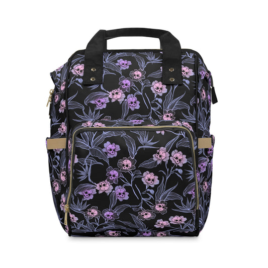 Pastel Goth Floral Skull Multifunctional Diaper Backpack - Pink + Black