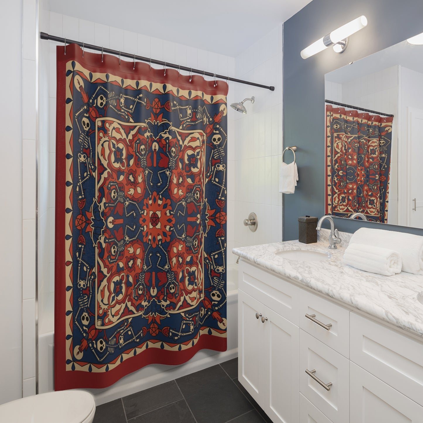 Dancing Skeleton Shower Curtain - Rust Red & Midnight Blue - Red Finch Creations