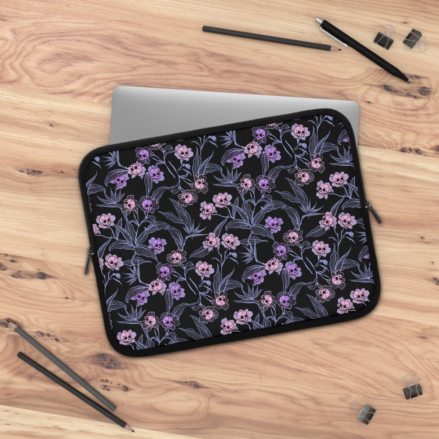 Pastel Goth Floral Neoprene Laptop Sleeve - Pink + Black - Red Finch Creations