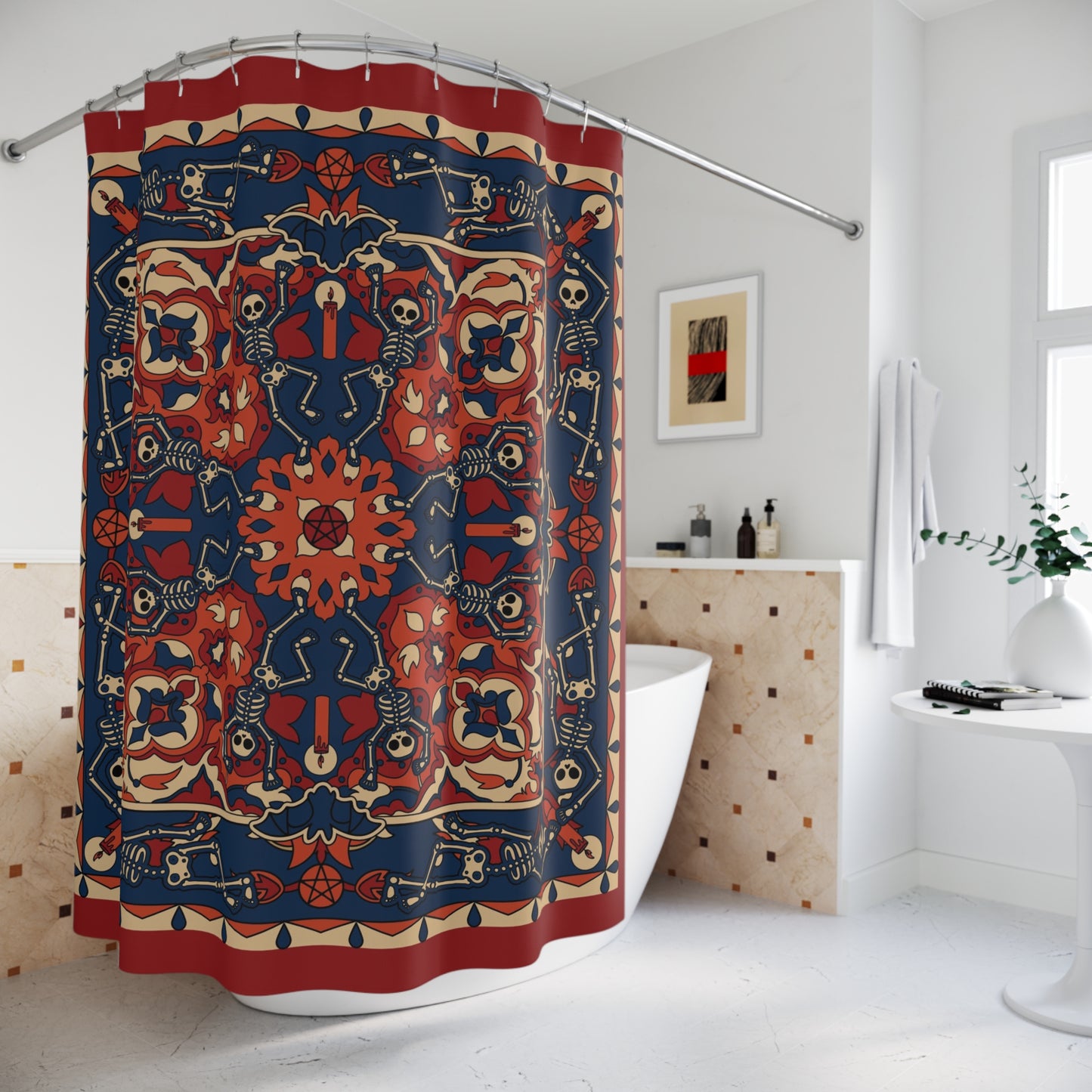 Dancing Skeleton Shower Curtain - Rust Red & Midnight Blue - Red Finch Creations