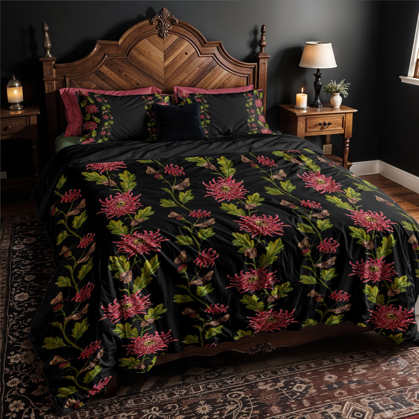 Bed with witchy floral skull and moth bedding in a dark and moody victorian bedroom