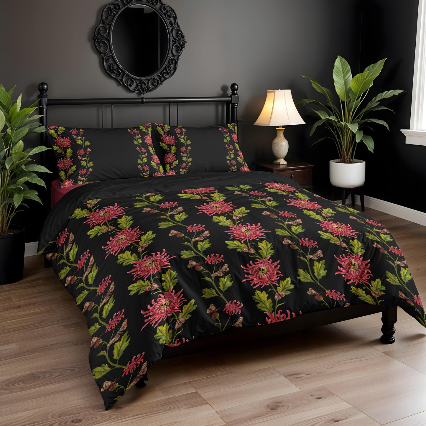 Bedroom with dark gothic floral bedding with witchy botanical vibes, black headboard, and decorative mirror.