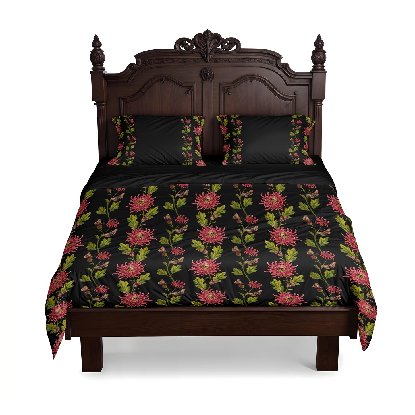 witchy Floral skull-patterned bedding set on a wooden baroquw bed with a white background