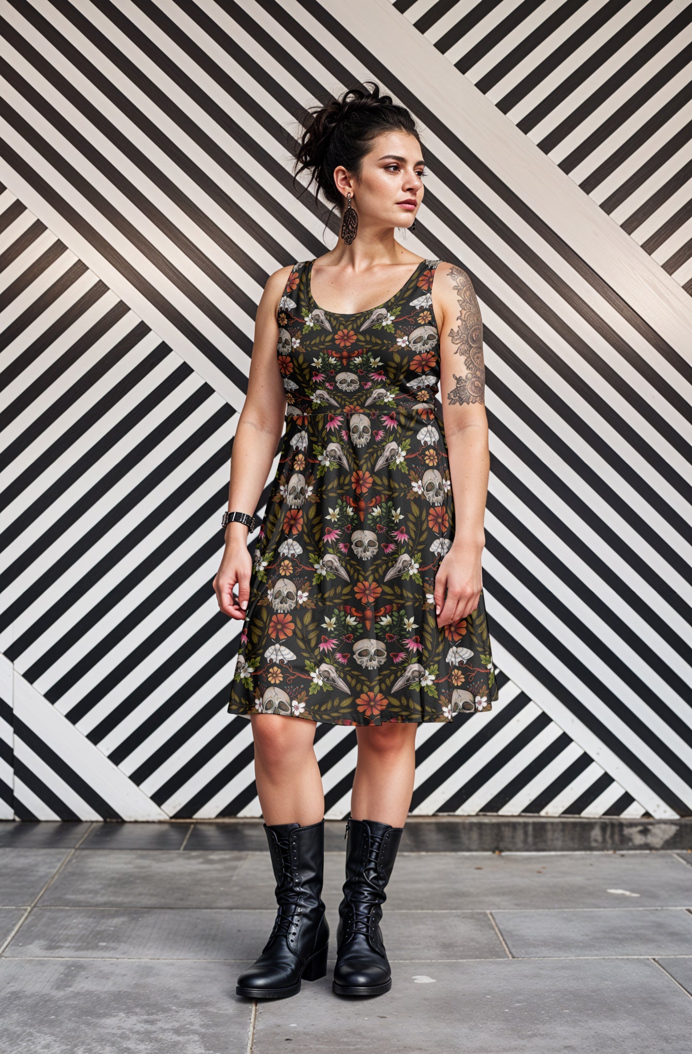 Dark cottagecore enchanted forest skater dress with witchy vibes on a plus sized gothic woman with tattoos