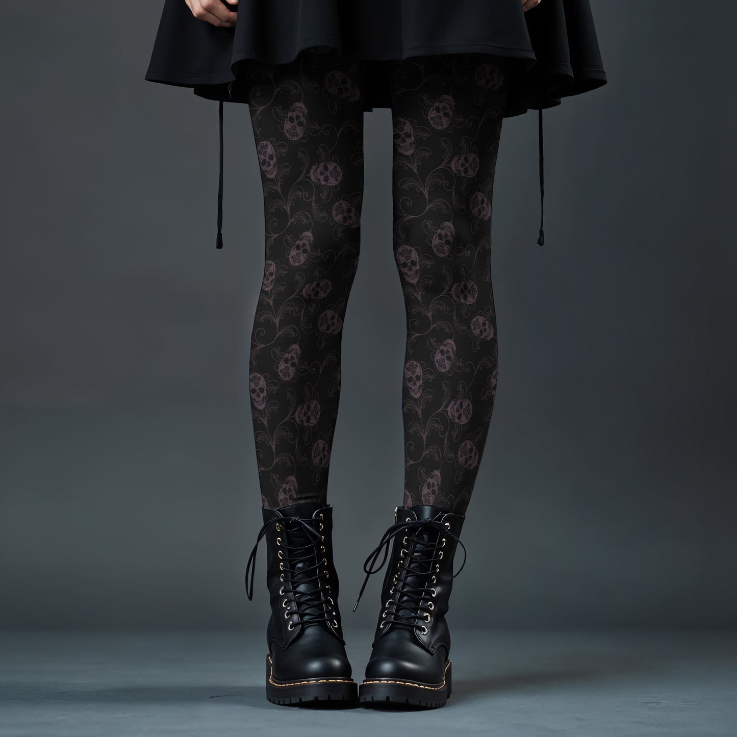 gothic skull ark academia leggings on a goth woman in combat boots