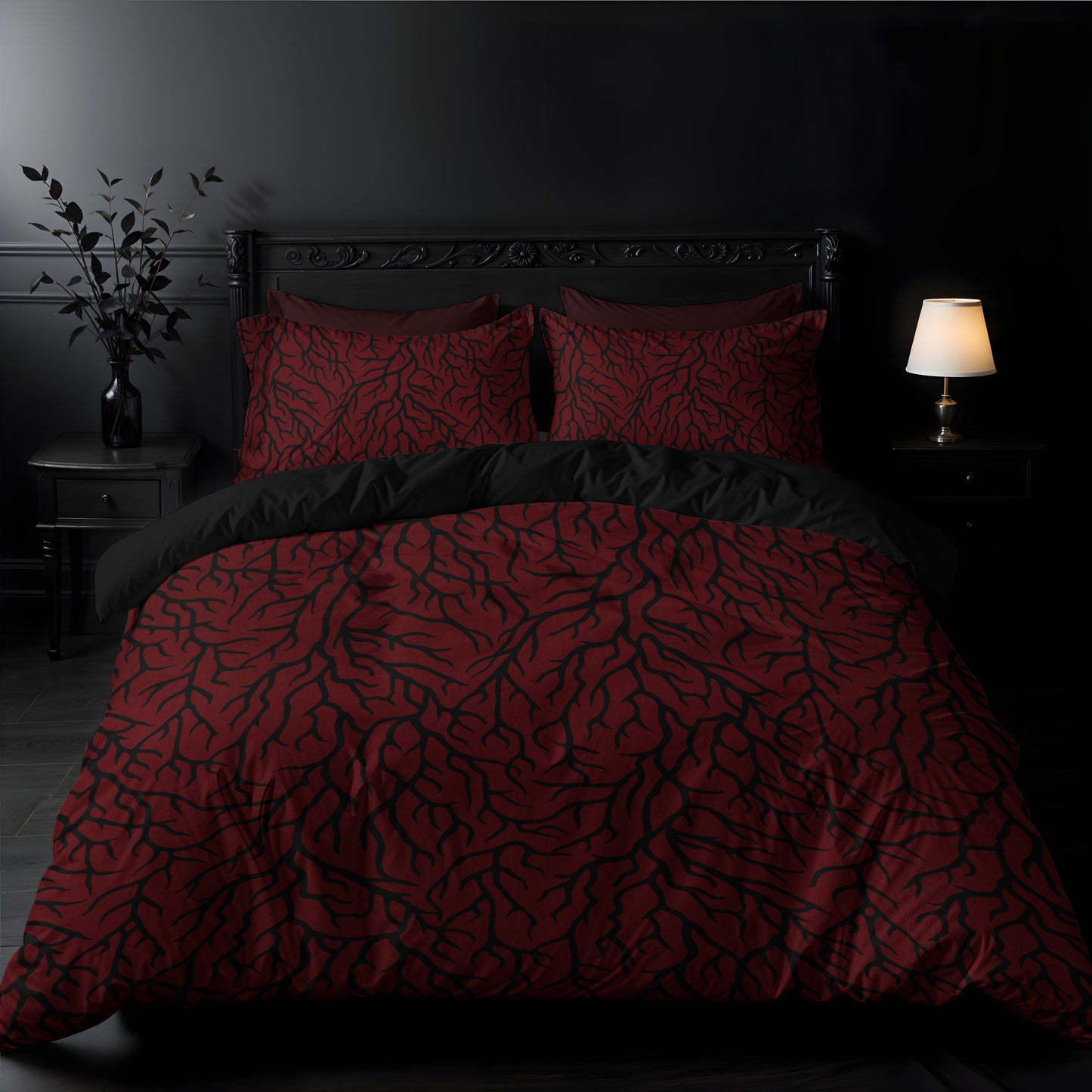 Blood Red Thorn gothic and spooky pattern 3 piece bedding set on a baroque gothic double bed
