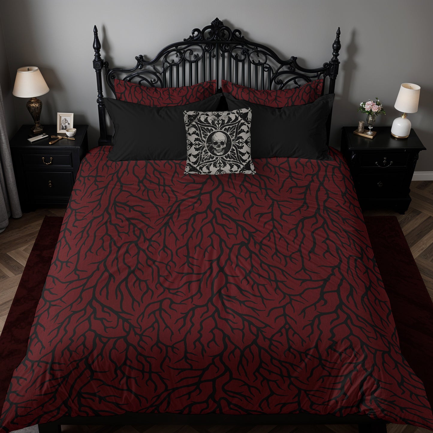 Blood Red Thorn gothic 3 piece bedding set on a baroque gothic double bed with a skull designed pillow