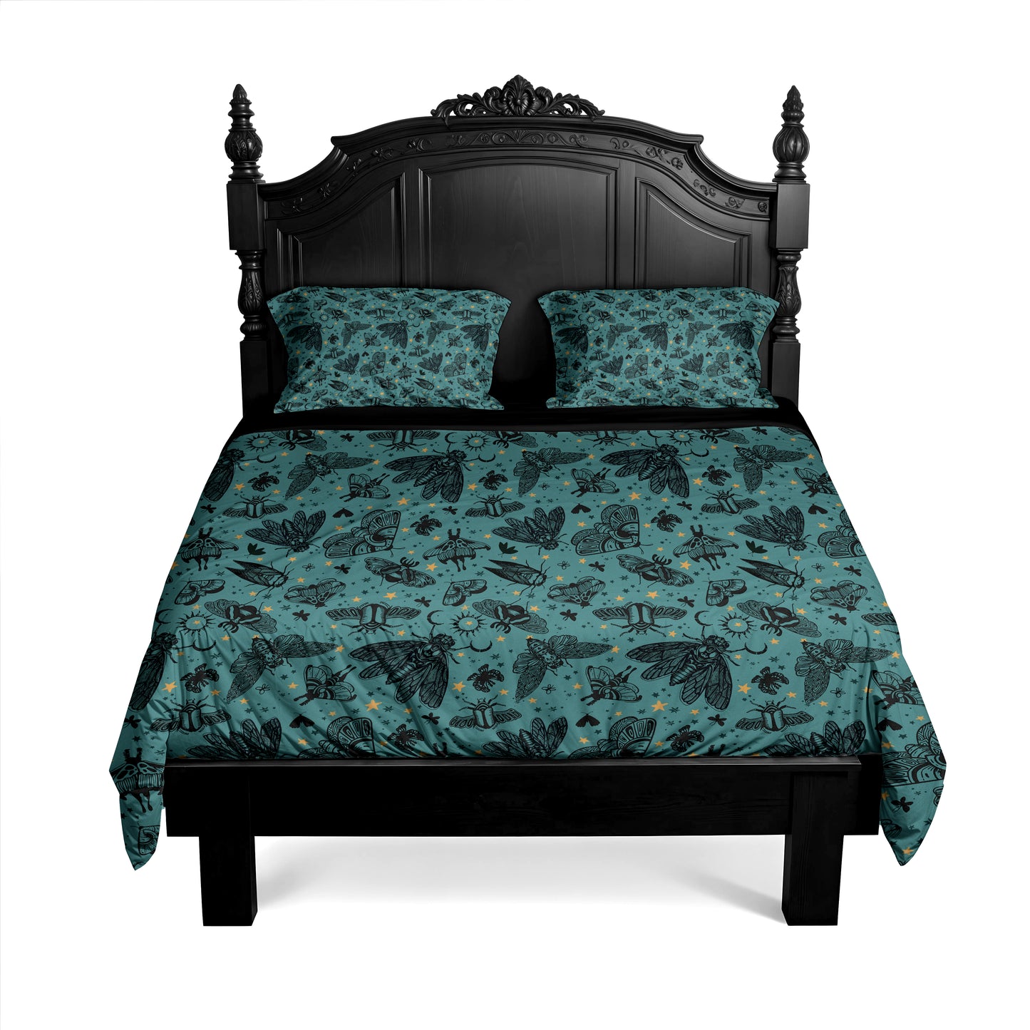 Teal cicada moth and scarab duvet cover with whimsigoth vibes on a baroque bedframe