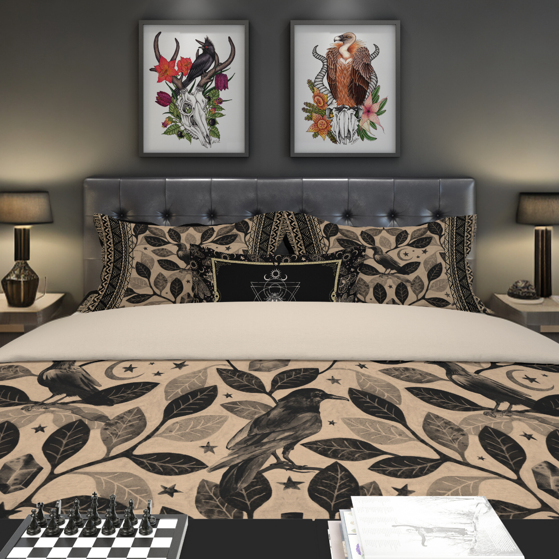 Witchy Watercolor Raven Duvet Cover - Beige - Red Finch Creations